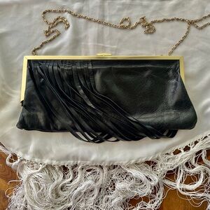 HOBO Classic and Elegant Leather Black Clutch with Gold Accents